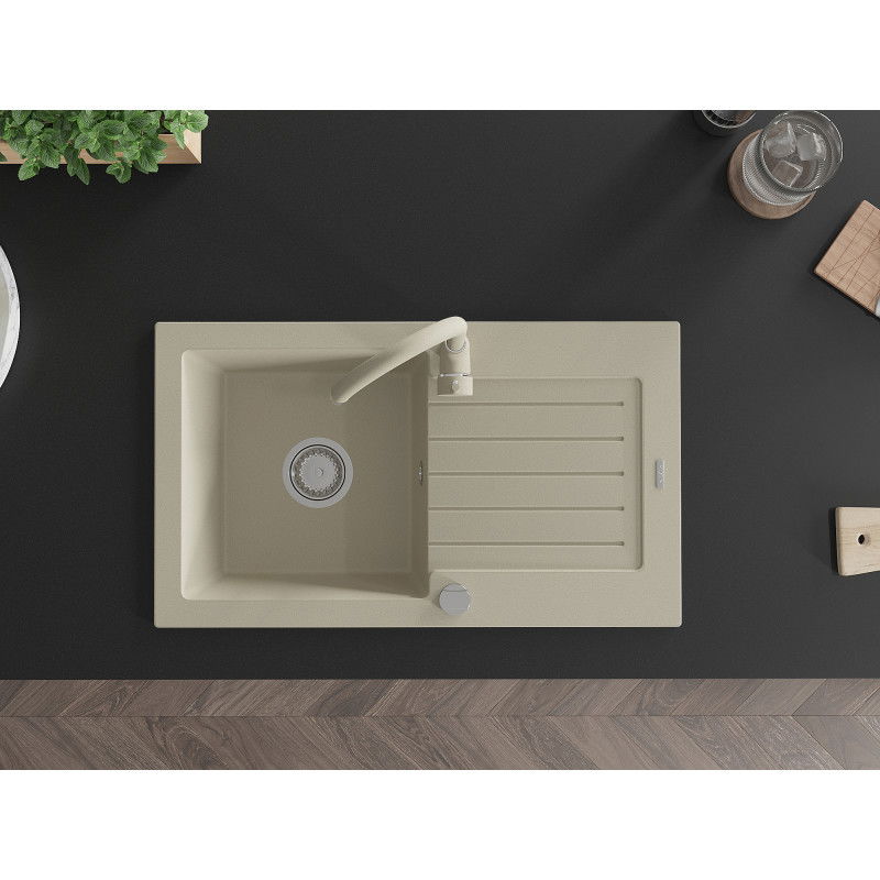 Mexen Pablo granitový dřez 1-komorový s odkapávačem a kuchyňskou baterií Telma, béžový - 6510-69-670200-69