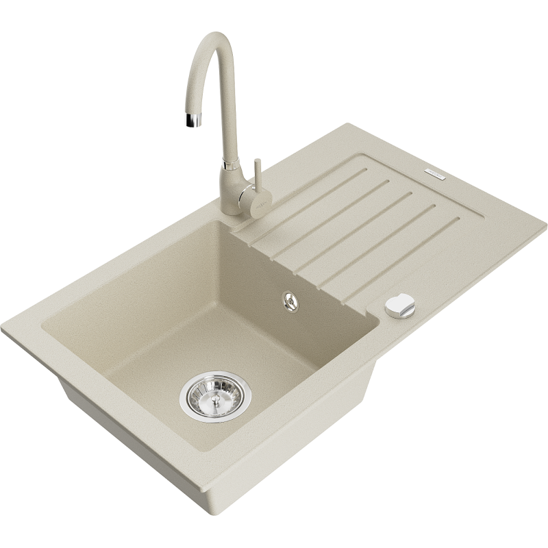 Mexen Pablo granitový dřez 1-komorový s odkapávačem a kuchyňskou baterií Telma, béžový - 6510-69-670200-69