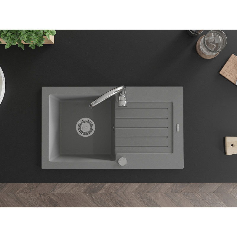 Mexen Pablo 1-komorový žulový dřez s odkapávačem a kuchyňskou baterií Telma, šedý - 6510-71-670200-00