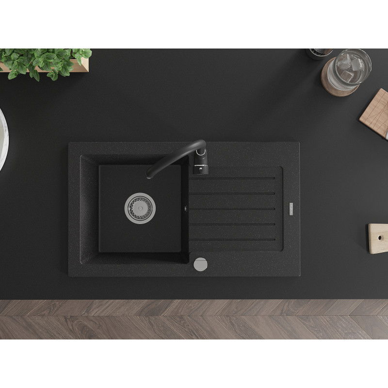 Mexen Pablo granitový kuchyňský dřez 1-komorový s odkapávačem a kuchyňskou baterií Telma, černý/stříbrný - 6510-73-670200-70