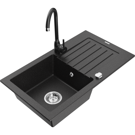 Mexen Pablo granitový kuchyňský dřez 1-komorový s odkapávačem a kuchyňskou baterií Telma, černý/stříbrný - 6510-73-670200-70