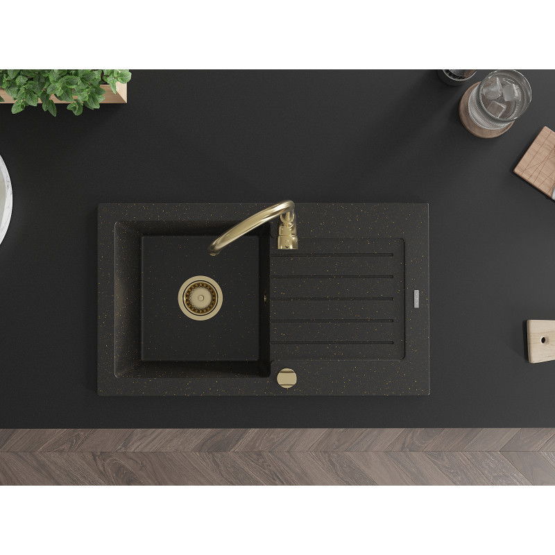 Mexen Pablo granitový dřez 1-komorový s odkapávačem a kuchyňská baterie Telma, černý/zlatý - 6510-75-670200-50