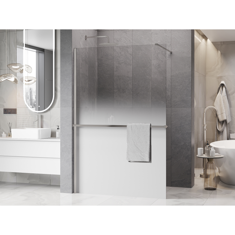 Mexen Kioto+ sprchová stěna s poličkou Walk-in 90 x 200 cm, bílá ombre 8 mm, kartáčovaný nikl - 800-090-121-97-86