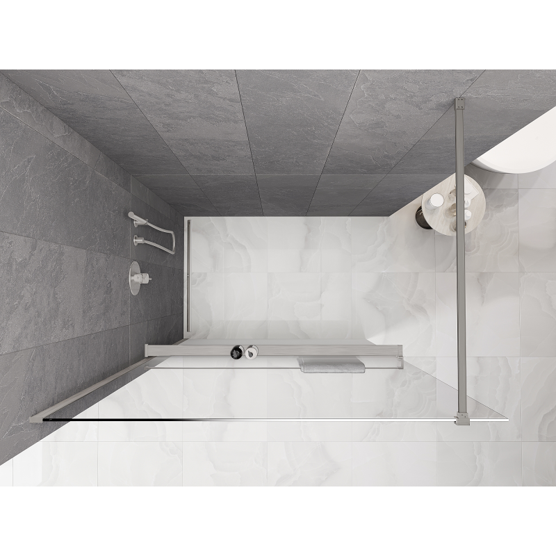 Mexen Kioto+ sprchová stěna s poličkou Walk-in 90 x 200 cm, bílá ombre 8 mm, kartáčovaný nikl - 800-090-121-97-86