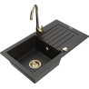 Mexen Pablo granitový dřez 1-komorový s odkapávačem a kuchyňská baterie Telma, černý/zlatý - 6510-75-670200-50