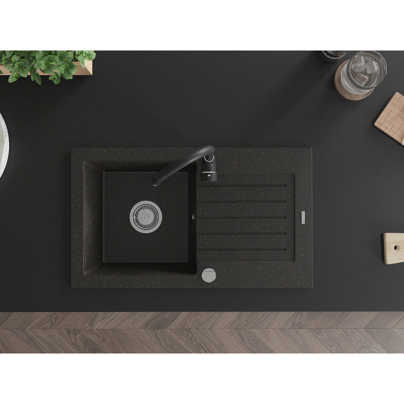 Mexen Pablo žulový dřez s 1 komorou a odkapávačem a kuchyňskou baterií Telma, černý/zlatý - 6510-75-670200-70