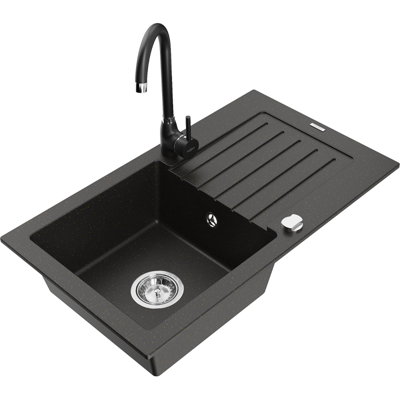 Mexen Pablo žulový dřez s 1 komorou a odkapávačem a kuchyňskou baterií Telma, černý/zlatý - 6510-75-670200-70