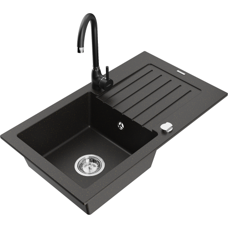 Mexen Pablo žulový dřez s 1 komorou a odkapávačem a kuchyňskou baterií Telma, černý/zlatý - 6510-75-670200-70