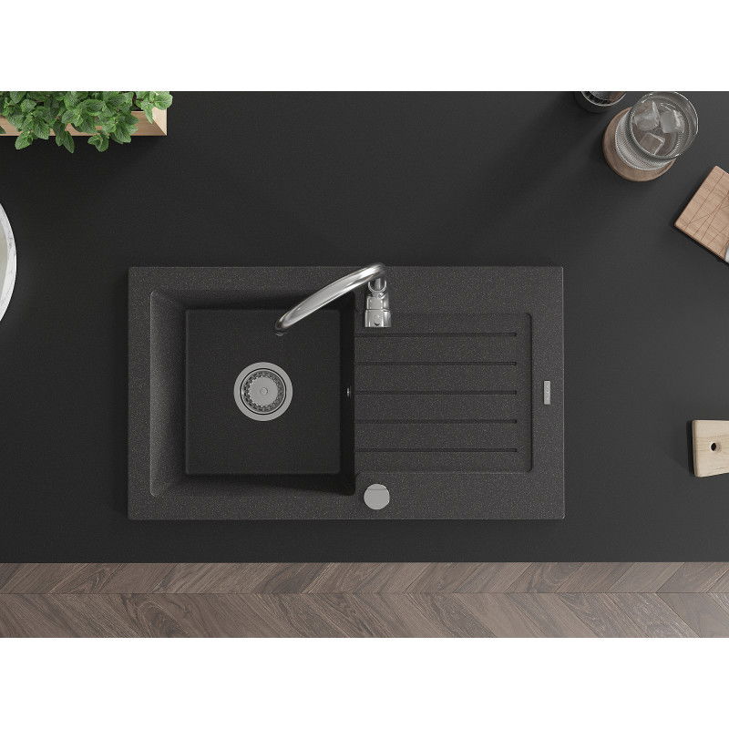 Mexen Pablo žulový kuchyňský dřez 1-komorový s odkapávačem a kuchyňská baterie Telma, černý skvrnitý - 6510-76-670200-00