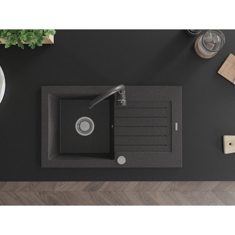 Mexen Pablo granitový dřez jednodřez s odkapávačem a kuchyňskou baterií Telma, černý s tečkami - 6510-76-670200-76