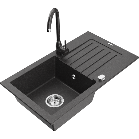 Mexen Pablo granitový dřez jednodřez s odkapávačem a kuchyňskou baterií Telma, černý s tečkami - 6510-76-670200-76
