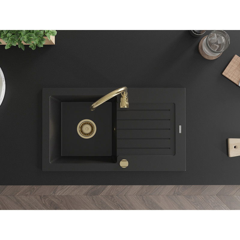Mexen Pablo granitový dřez 1-komorový s odkapávačem a kuchyňskou baterií Telma, černý - 6510-77-670200-50