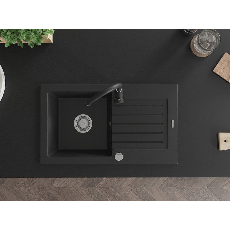 Mexen Pablo granitový dřez s 1 komorou a odkapávačem a kuchyňskou baterií Telma, černý - 6510-77-670200-70