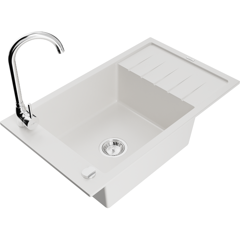 Mexen Elias granitový dřez 1-komorový s odkapávačem a kuchyňskou baterií Telma, bílý - 6511-20-670200-00