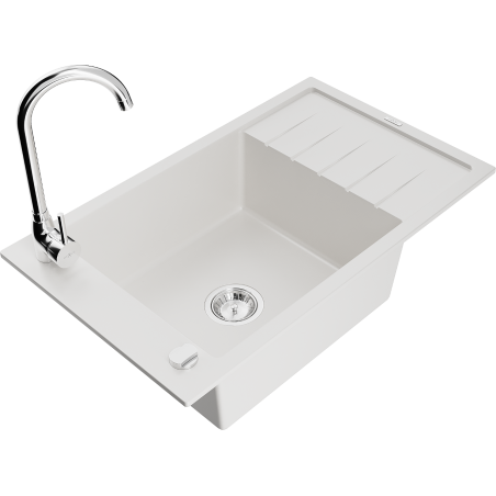 Mexen Elias granitový dřez 1-komorový s odkapávačem a kuchyňskou baterií Telma, bílý - 6511-20-670200-00
