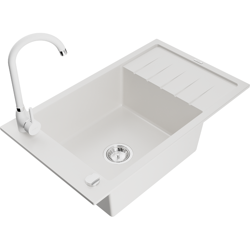 Mexen Elias granitový dřez s 1 komorou a odkapávačem a kuchyňskou baterií Telma, bílý - 6511-20-670200-20