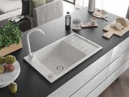 Mexen Elias granitový dřez s 1 komorou a odkapávačem a kuchyňskou baterií Telma, bílý - 6511-20-670200-20