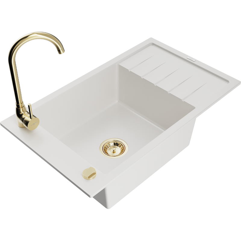 Mexen Elias granitový dřez 1-komorový s odkapávačem a kuchyňskou baterií Telma, bílý - 6511-20-670200-50