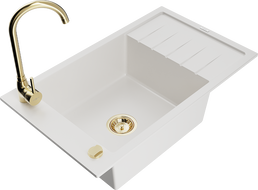 Mexen Elias granitový dřez 1-komorový s odkapávačem a kuchyňskou baterií Telma, bílý - 6511-20-670200-50