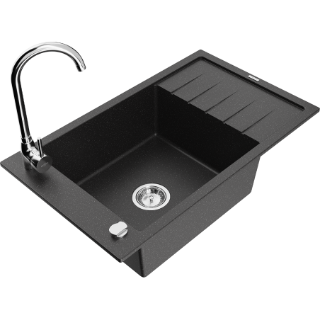 Mexen Elias granitový dřez 1-komorový s odkapávačem a kuchyňskou baterií Telma, černý/silber - 6511-73-670200-00