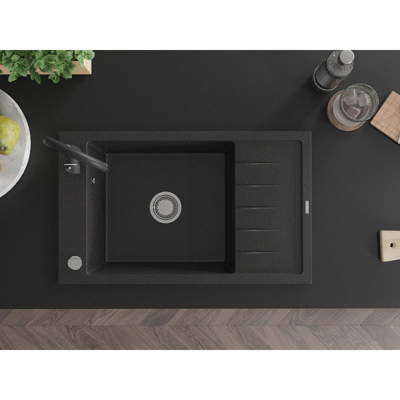 Mexen Elias žulový dřez 1-komorový s odkapávačem a kuchyňskou baterií Telma, černý/stříbrný - 6511-73-670200-70