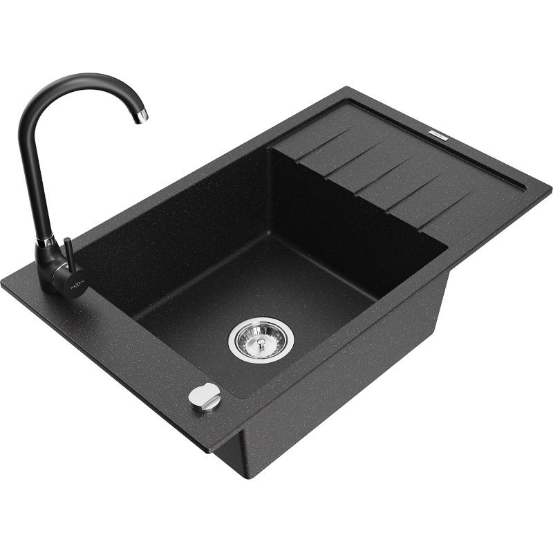 Mexen Elias žulový dřez 1-komorový s odkapávačem a kuchyňskou baterií Telma, černý/stříbrný - 6511-73-670200-70