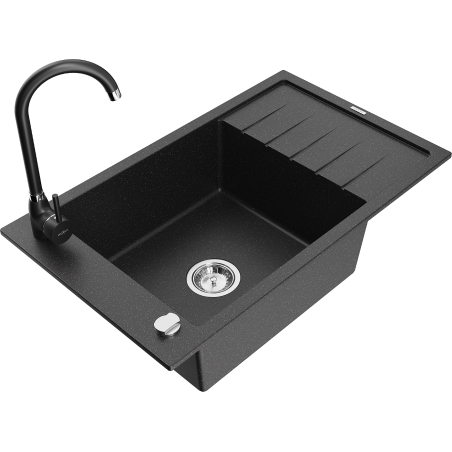 Mexen Elias žulový dřez 1-komorový s odkapávačem a kuchyňskou baterií Telma, černý/stříbrný - 6511-73-670200-70