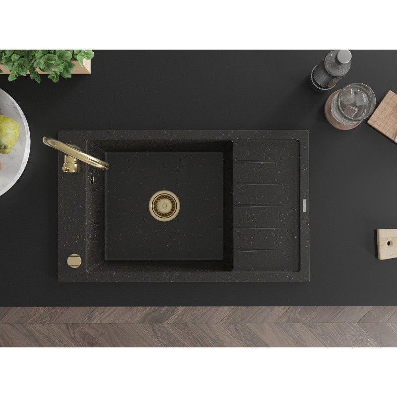 Mexen Elias granitový dřez 1-komorový s odkapávačem a kuchyňskou baterií Telma, černý/zlatý - 6511-75-670200-50