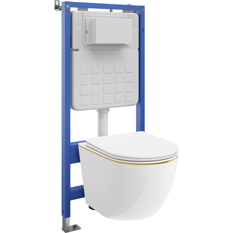 Mexen Lena sada podomítková WC rám pneumatický Tex Air Slim s WC mísou a pomalu sklopným sedátkem, bílá/zlatá