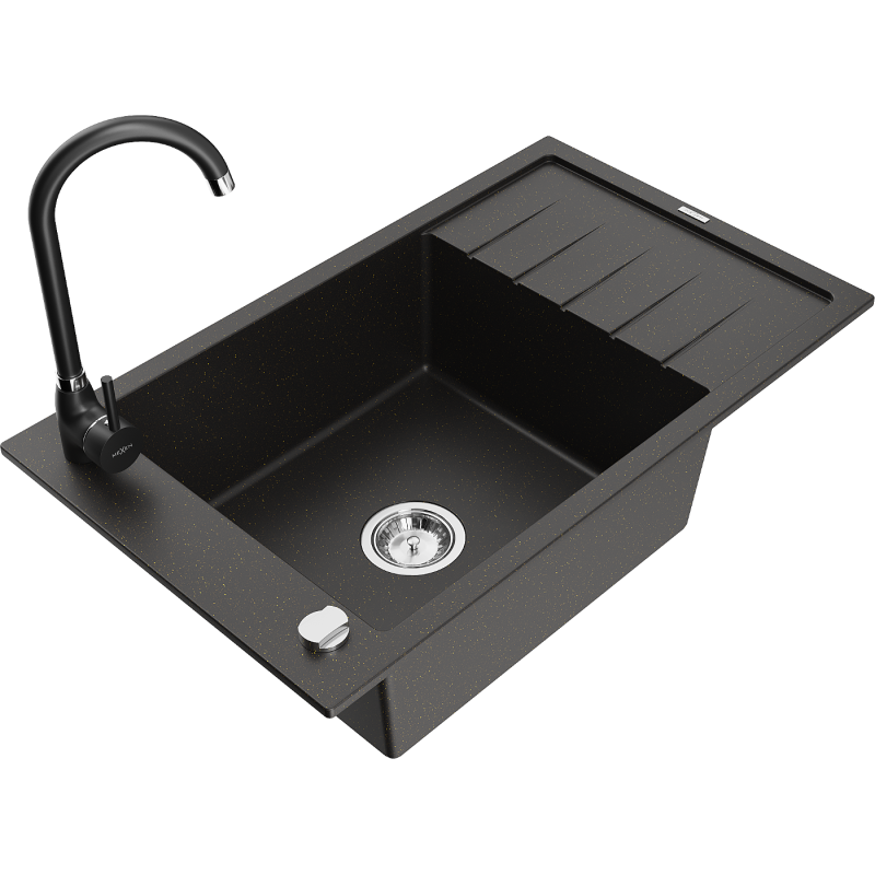 Mexen Elias granitový dřez 1-komorový s odkapávačem a kuchyňskou baterií Telma, černá/zlatá - 6511-75-670200-70