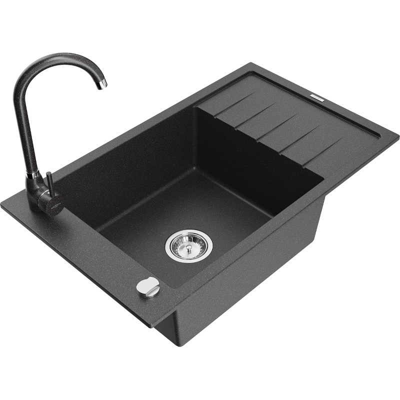 Mexen Elias granitový dřez 1-komorový s odkapávačem a kuchyňskou baterií Telma, černý tečkovaný - 6511-76-670200-76
