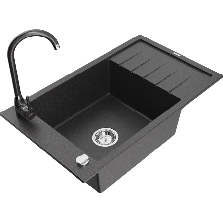 Mexen Elias granitový dřez 1-komorový s odkapávačem a kuchyňskou baterií Telma, černý tečkovaný - 6511-76-670200-76
