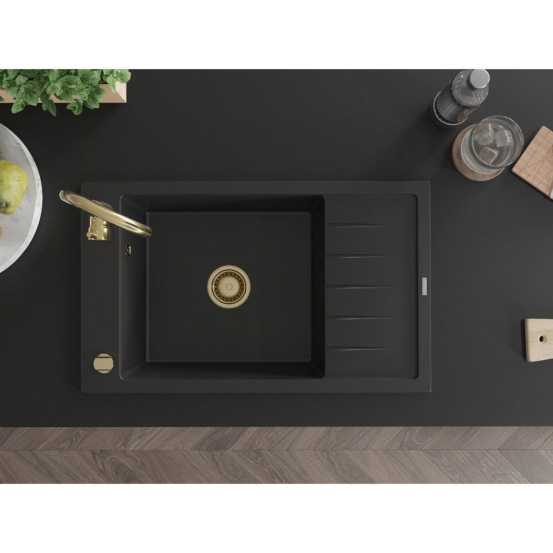 Mexen Elias granitový jednodřez s odkapávačem a kuchyňskou baterií Telma, černý - 6511-77-670200-50