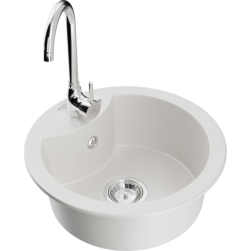 Mexen Diego granitový dřez 1-komorový s kuchyňskou baterií Telma, bílý - 6512-20-670200-00