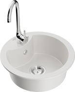 Mexen Diego granitový dřez 1-komorový s kuchyňskou baterií Telma, bílý - 6512-20-670200-00