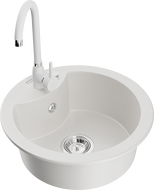 Mexen Diego, jednodřezový granitový dřez s kuchyňskou baterií Telma, bílý - 6512-20-670200-20