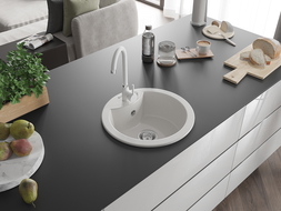 Mexen Diego, jednodřezový granitový dřez s kuchyňskou baterií Telma, bílý - 6512-20-670200-20