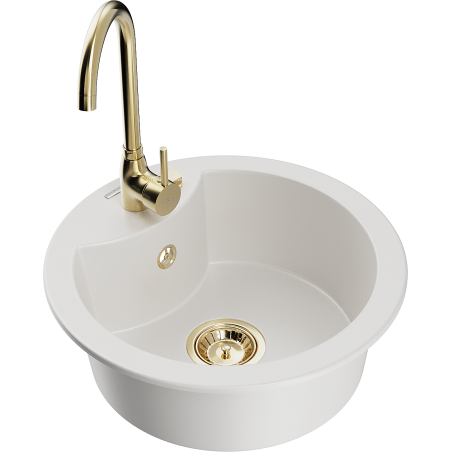 Mexen Diego granitový dřez 1-komorový s kuchyňskou baterií Telma, bílý - 6512-20-670200-50