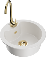 Mexen Diego granitový dřez 1-komorový s kuchyňskou baterií Telma, bílý - 6512-20-670200-50