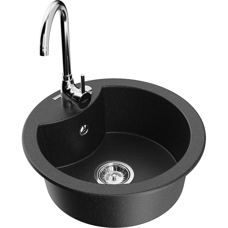 Mexen Diego granitový dřez 1-komorový s kuchyňskou baterií Telma, černý/stříbrný - 6512-73-670200-00