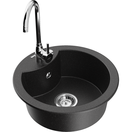 Mexen Diego granitový dřez 1-komorový s kuchyňskou baterií Telma, černý/stříbrný - 6512-73-670200-00