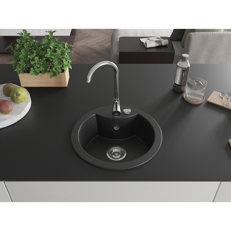 Mexen Diego granitový dřez s 1 komorou s kuchyňskou baterií Telma, černá/stříbrná - 6512-73-670200-00