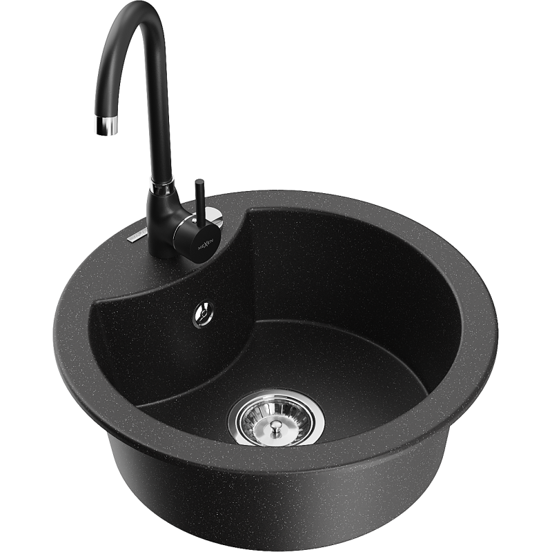 Mexen Diego granitový dřez 1-komorový s kuchyňskou baterií Telma, černý/stříbrný - 6512-73-670200-70