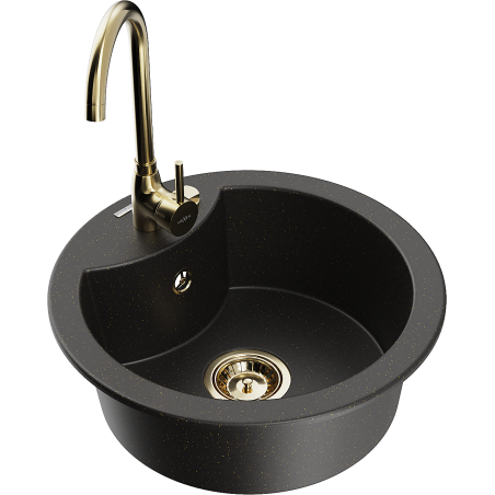 Mexen Diego granitový dřez 1-komorový s kuchyňskou baterií Telma, černý/zlatý - 6512-75-670200-50