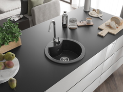 Mexen Diego granitový dřez 1-komorový s kuchyňskou baterií Telma, černý kropenatý - 6512-76-670200-00