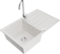 Mexen Bruno žulový dřez s jednou komorou a odkapávačem a kuchyňskou baterií Telma, bílý - 6513-20-670200-00