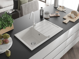 Mexen Bruno granitový dřez 1-komorový s odkapávačem a kuchyňskou baterií Telma, bílý - 6513-20-670200-20