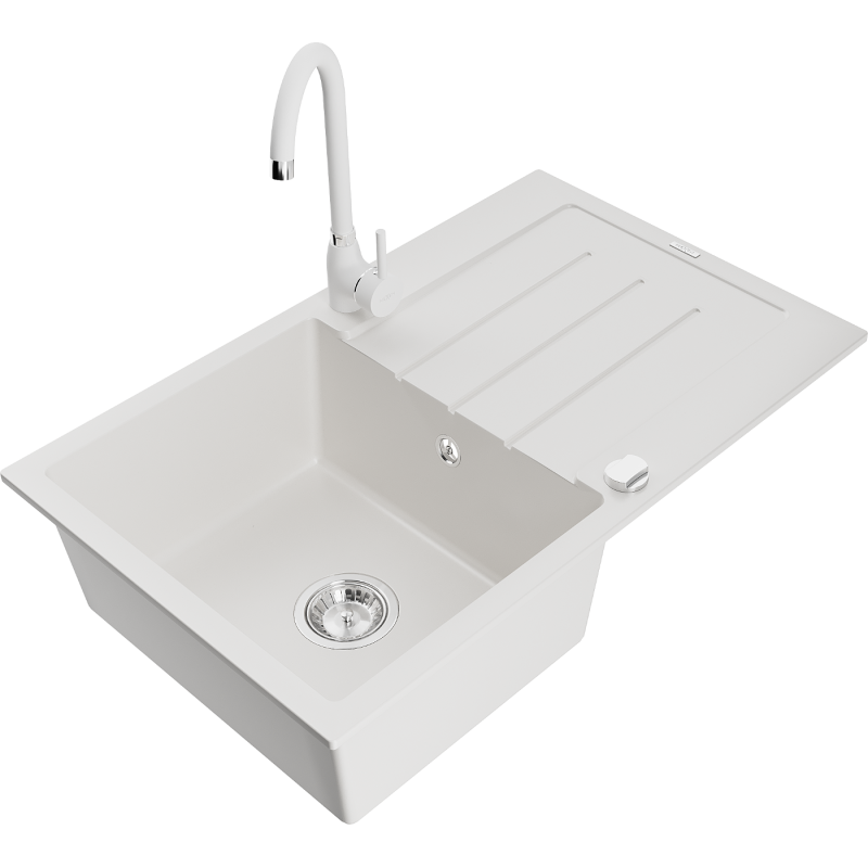 Mexen Bruno granitový dřez 1-komorový s odkapávačem a kuchyňskou baterií Telma, bílý - 6513-20-670200-20