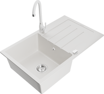 Mexen Bruno granitový dřez 1-komorový s odkapávačem a kuchyňskou baterií Telma, bílý - 6513-20-670200-20