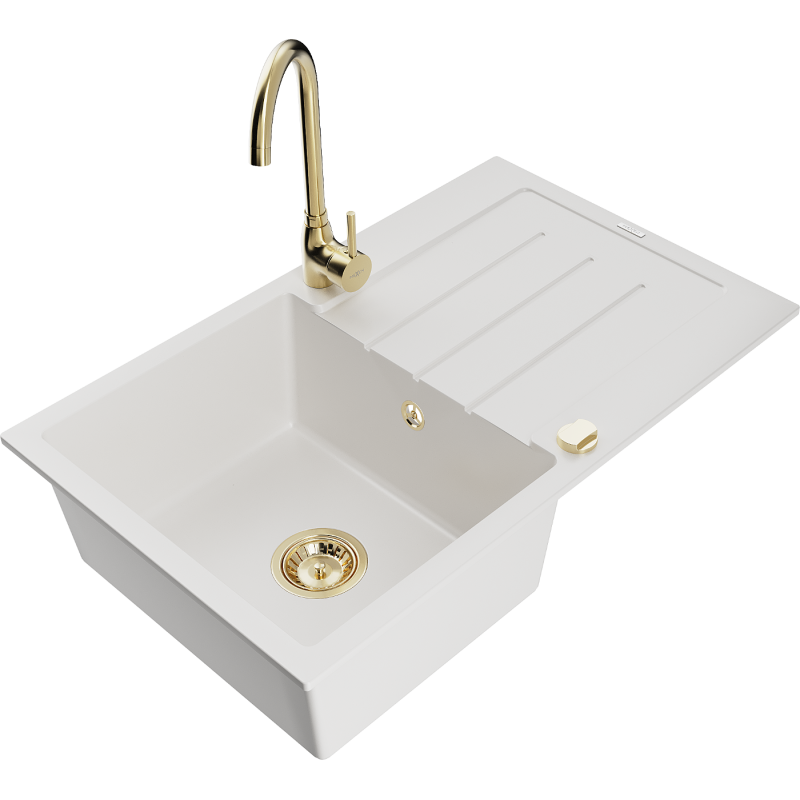 Mexen Bruno granitový dřez 1-komorový s odkapávačem a kuchyňskou baterií Telma, bílý - 6513-20-670200-50